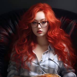 nerdy long red hair glasses jeans blouse sitting on the couch eating chinese takeout