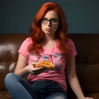 Eine nerdige Frau mit langen roten Haaren und einer Brille sitzt auf einer Couch, isst chinesisches Essen zum Mitnehmen und hält ein Stück Pizza.