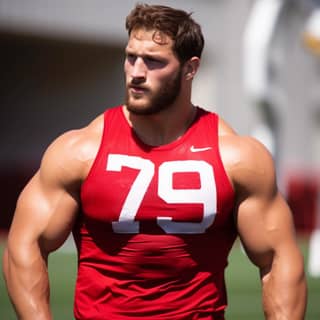 in a red jersey Nick Bosa inspired by Ryan Pancoast les nabis big biceps nfl angular jawline profile picture los angeles