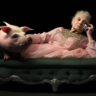 suckling piglet molecular gastronomy stunning elegant elderly Italian woman lounging