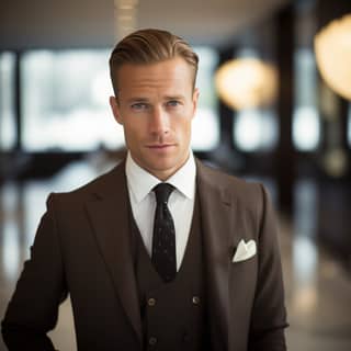 a thirty year old super attractive and stylish Scandinavian billionaire posing for a photo in the lobby of his skyscraper to