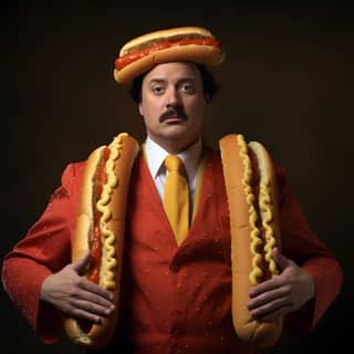 wearing a hotdog costume, in a suit and tie holding two hot dogs