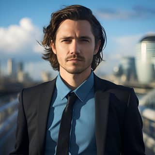 a 25-year-old male director of an oil company long hair wearing a blue formal corporate shirt with the TING logo embroidered