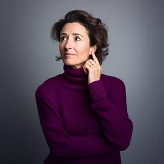 a 45 year old woman wearing purple turtle neck thinking expression looking up