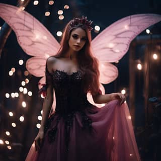 Enchanting dark fairy surrounded by enchanted wisps dark black dark purple dark silver light yellow