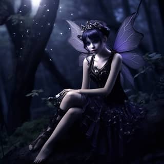 Enchanting dark fairy surrounded by enchanted wisps dark black dark purple dark silver light yellow