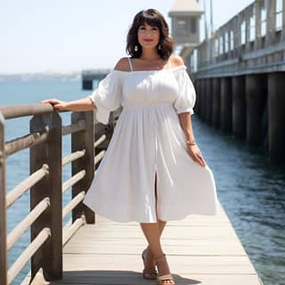 Older atractive model over 50 middle plus size stands leaning on a pier by the sea in white sweatheart-Dress with deep