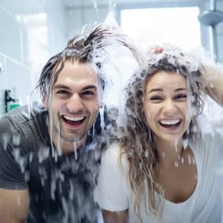 Photorealistic of a female and a male washing their own hair hair wet and lathered with shampoo suds set in a white home