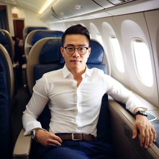 Stock photo more here muscle younger Handsome Chinese man with glasses in a first class cabin