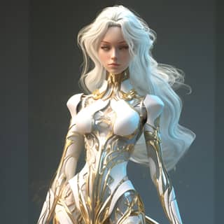 an elaborately sculpted character with white hair in the style of womancore gold and brown high definition celestialpunk