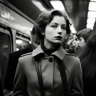 crowded Paris metro scene black and white cinematic 16:9 Artificial light colorful ad reflections Leicaq Expressive details: