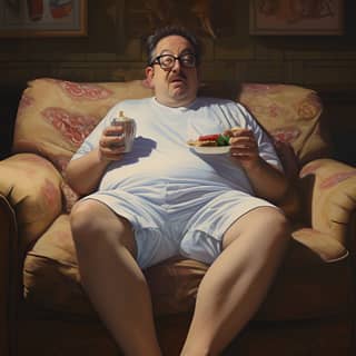 Stephen Colbert sitzt auf einem Sofa und isst viel Essen, während er Shorts, Socken und Sandalen trägt. Sein Hemd ist eng. Er sitzt auch auf einem Stuhl, isst ein Sandwich und trinkt Wasser.