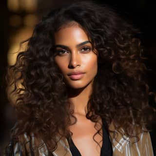 Mannequin superbe avec une beauté éthiopienne suédoise parfaite mettant en valeur ses longs cheveux bouclés et des vêtements élégants lors du défilé de mode Burberry et Hermès de 2023.