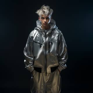 a guy teen 17 old dress a sci fi track suit metal hyper realistic