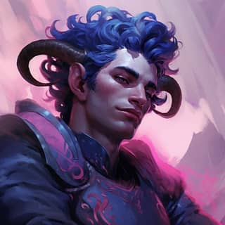 male tiefling unblemished pink skin blue hair curly horns