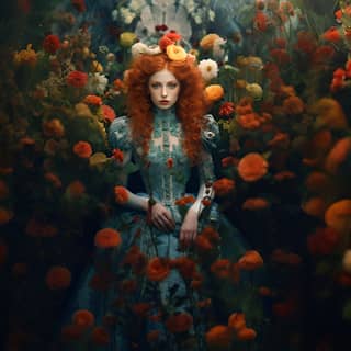 mismatched eyes odd eyes heterochromia red-haired model fantasy Victorian body contour outfit bright and vibrant colors