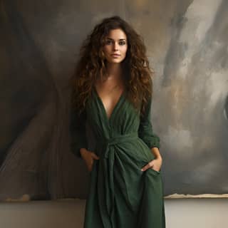 realistic girl artist with brown curly long hair in a green long velvet dress with an artistic brush in her lowered hand