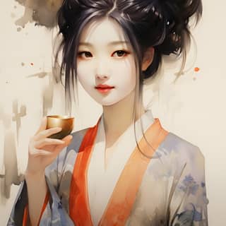 sideview chinese young girl hold wine cup high smile tang dynasty profile