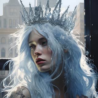 with snow white hair wearing a icicle crown in the style of surreal city scenes realistic hyper-detailed portraits shiny