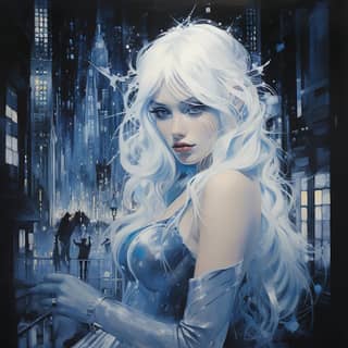 with snow white hair wearing a icicle crown in the style of surreal city scenes realistic hyper-detailed portraits shiny