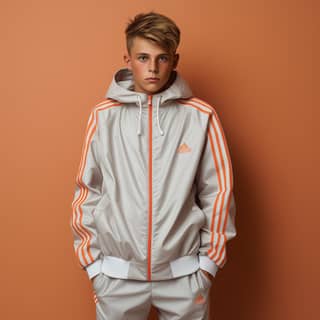 a teen kid in a 16 old track suit background minimal soft color photo realistic