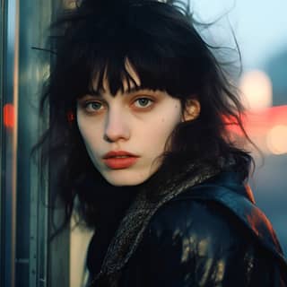 1980'ler punk esintili siyah saçlı deri ceketli kumral model, düşünceli ve sessiz bir şekilde durakta, gizem ve mutluluk yayıyor.