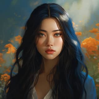 a 20 year old with long black hair and cerulean blue eyes She is standing in a garden There is morning light She wears 1890s