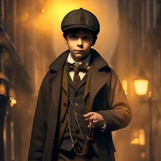 7 year old boy dressed like Sherlock Holmes in the old streets of London on a foggy autumn night