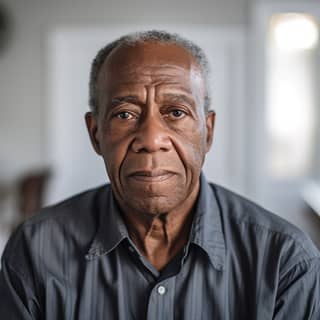 81 year old black man with parkinsons with placid expression in his light living room Canon 5d 24mm f11