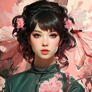 Girl portrait surounded with Dragonfly flat design not too complex modern epic compisition flat vector art illustration pink