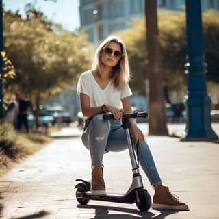 Sarışın kadın, şehirde scooter sürerken güneşli bir günün keyfini çıkarıyor.