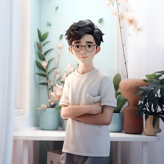 Super handsome boy IP by pop mart Black hair glasses Scenes in spring pastel color mockup fine luster oc IP best quality