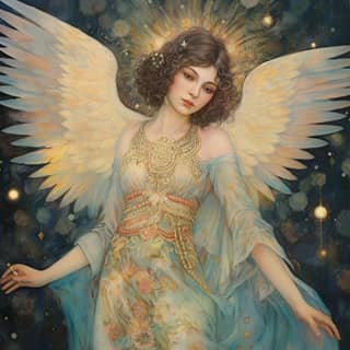 an angel among shiny stars in the style of Mahmoud Farshchian soft colors dreamy full body posture