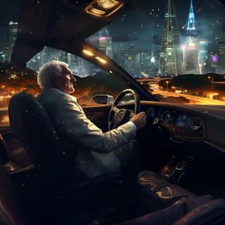 an old guy driving a lamboghini at night cities Money raining from the sky