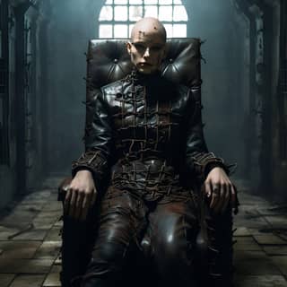 bald female model in leather mental hospital