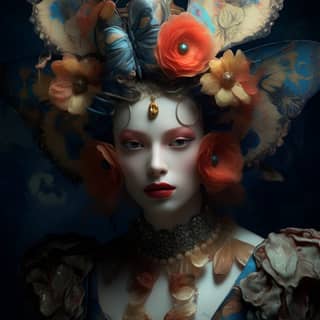 baroque queen android dressed in watermelon butterfly cloud gold pearl in the style of ethereal portraiture moire pattern