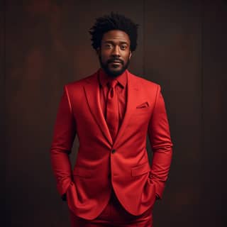 black man wearing red suit looking forwards facing forward facing front smiling