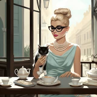 chubby platinum blonde Holly Golightly is having a luxurious breakfast at Tiffany’s with her siamese cat