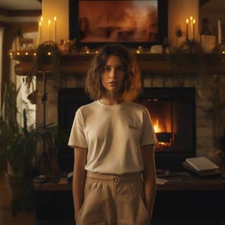 cinematic still of in a white t-shirt next to a fire place film style of wes anderson christmas time
