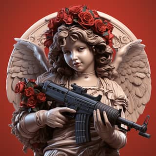 a cupid is holding a machine gun sticker in the style of iconic american sculpted