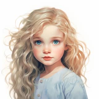 Une petite fille aux longs cheveux blonds et aux grands yeux bleus.