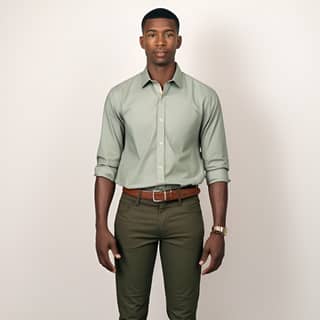 dressed in green jeans brown dress shoes white button-down shirt with short sleeves tucked into the pants brown belt the