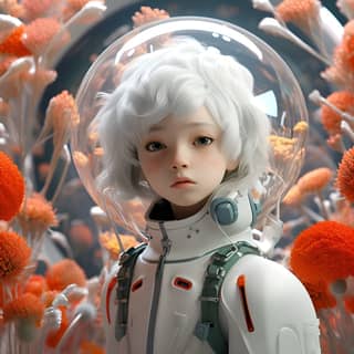 Una ilustración de una niña con traje de astronauta rodeada de flores rojas futuristas, con un niño con pelo blanco en el fondo.