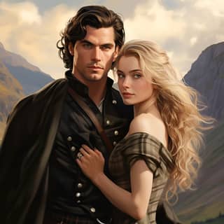 illustration of a romantic couple a handsome male model Scottish warrior with blonde hair with woman with black hair 1700s