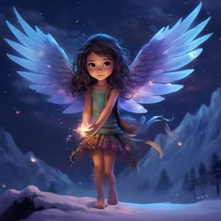 a little fairy girl with brown curly hair and the colourful wings of a hummingbird she walks on snow an ice above her shine