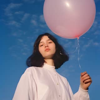 Wanita memegang belon pink dengan latar belakang langit biru di Los Angeles.