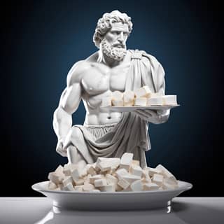 a marble statue of the Greek god Poseidon holding a plate with square slices of greek white feta cheese