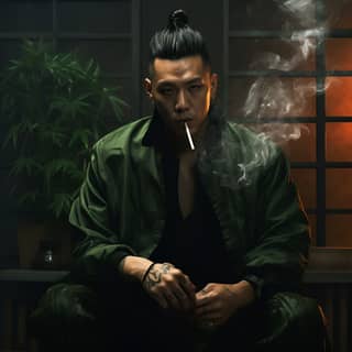 masculine brutal Asian handsome Shikamaru from Naruto Universe holding a cigarette black hair with ponytail green futuristic