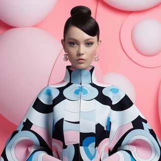 a photomodel is standing wearing black and white pattern intricate embellishments photographic wrapped pastel pink and blue