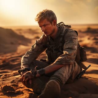 sad modern russian soldier in desert battlefield a lot of sun ak-47 in hands